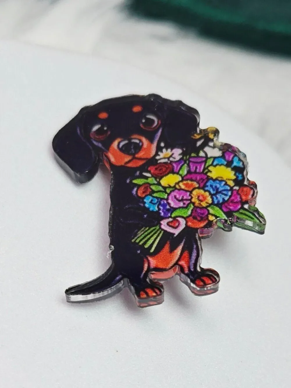 Dachshund Flower Bouquet Lapel Pin Doxie Acrylic Dog Mom Cottagecore Whimsical